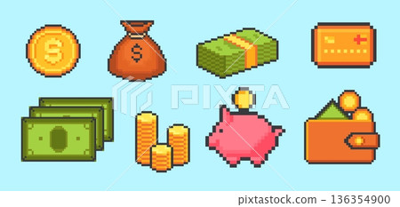 Money pixel art. Coins cash dollar bill 8 bit game ui icon, gold bag piggy bank credit card wallet retro videogame elements invest finance set, cartoon neat vector illustration Money pixel art. Coins cash dollar bill 8 bit game ui icon, gold bag piggy bank credit card wallet retro videogame elements invest finance set, cartoon neat vector illustration 136354900