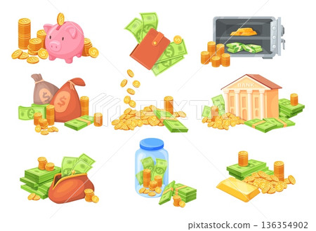 Cartoon banknote stack. Cash money bundle dollar bill, gold coins jar piggy bank green paper currency wallet coin bag financial growth rich investment, neat vector illustration Cartoon banknote stack. Cash money bundle dollar bill, gold coins jar piggy bank green paper currency wallet coin bag financial growth rich investment, neat vector illustration 136354902
