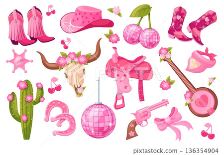 Cow girl set. Cowgirl disco ball, cherry bow hat boots sheriff badge texas preppy girly wild west rodeo party y2k cowboy gun cactus western accessories, neat vector illustration 136354904