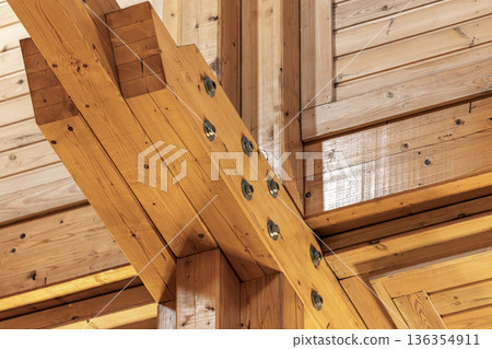 Wooden walls, ceiling and supporting beams Wooden walls, ceiling and supporting beams 136354911