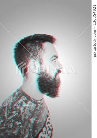 Side profile of bearded man in monochrome with red cyan glitch effect, visualizing stress, anxiety and mental chaos, modern abstract mood 136354921