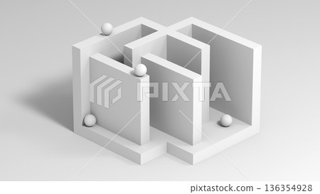 A minimalist white maze structure with small spheres, 3d 136354928