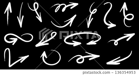 Hand Drawn White Arrow Set on Black Background Hand Drawn White Arrow Set on Black Background 136354953
