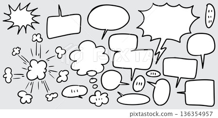 Hand drawn set of comic speech bubbles and doodle elements on gray background. Hand drawn set of comic speech bubbles and doodle elements on gray background. 136354957