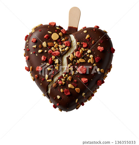 Broken heart-shaped chocolate-coated ice cream bar with colorful sprinkles, for valentine's day humor, breakups, or sweet indulgence Broken heart-shaped chocolate-coated ice cream bar with colorful sprinkles, for valentine's day humor, breakups, or sweet indulgence 136355033