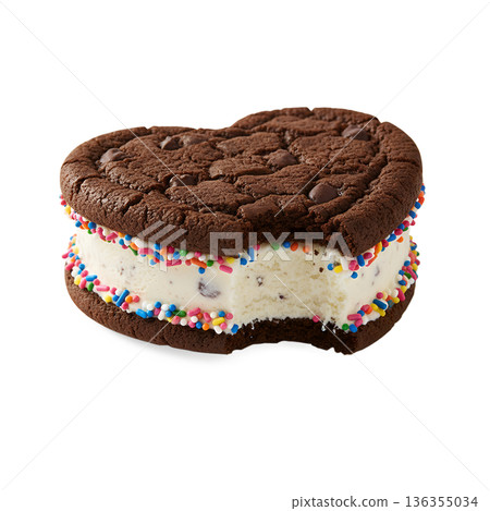 Delicious homemade ice cream sandwich made with chocolate chip cookies, vanilla ice cream, and colorful sprinkles on the edges Delicious homemade ice cream sandwich made with chocolate chip cookies, vanilla ice cream, and colorful sprinkles on the edges 136355034