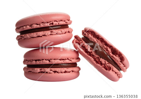 Stack of delicious pink french macarons with a rich chocolate ganache filling, isolated. Perfect for patisserie, gifts, and elegant dessert ads 136355038