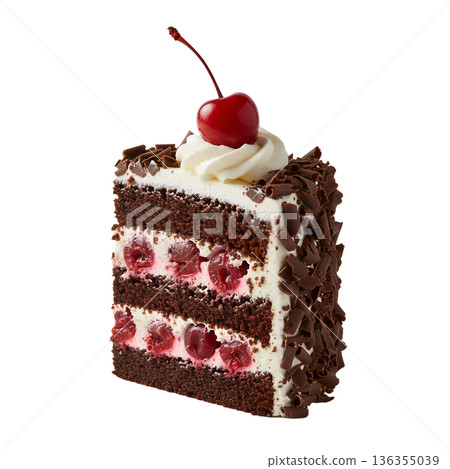 Decadent slice of classic black forest cake with layers of chocolate, cherry, and cream, topped with a cherry 136355039
