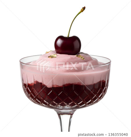 Elegant dessert of light cherry mousse served in a crystal glass or coupe, perfect for fine dining menus, patisserie, and upscale food blogs 136355040