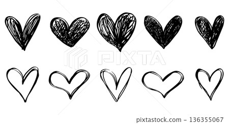 Hand Drawn Scribble Heart Icons Collection Set 136355067