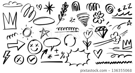 Hand Drawn Doodle Elements Collection Set in Black Marker Style Hand Drawn Doodle Elements Collection Set in Black Marker Style 136355068