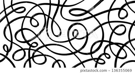 Abstract Black Hand Drawn Messy Scribble Lines Seamless Pattern on White Background. 136355069
