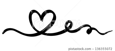 Hand drawn black brush heart line art with decorative swirl element isolated on white background. 136355072