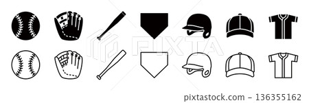 Baseball equipment simple icon set, editable lines 136355162