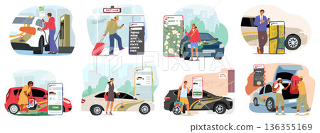 Diverse people using carsharing, taxi booking, and car rental services isolated cartoon scenes set 136355169