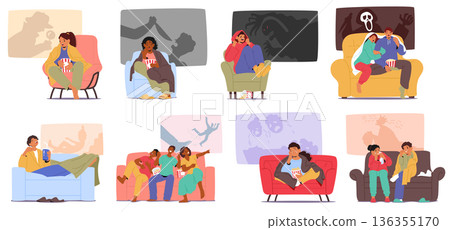 Diverse people characters experiencing different emotions while watching movies isolated scene set Diverse people characters experiencing different emotions while watching movies isolated scene set 136355170