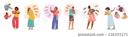 Dramatic scene set with people citizen blaming and shouting at young mothers protects their children Dramatic scene set with people citizen blaming and shouting at young mothers protects their children 136355171