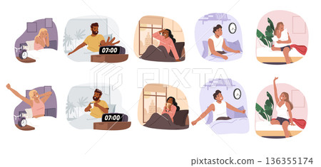 Diverse people cartoon characters waking up in morning stretching in bed, yawning isolated set Diverse people cartoon characters waking up in morning stretching in bed, yawning isolated set 136355174