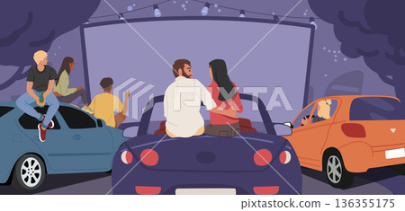 Diverse people cartoon characters enjoying classic drive-in movie experience summer event scene 136355175