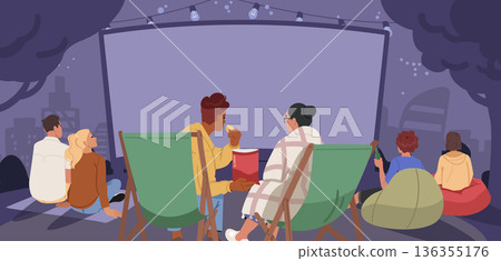 Diverse people characters enjoying outdoor cinema watching movie on large screen cartoon scene 136355176