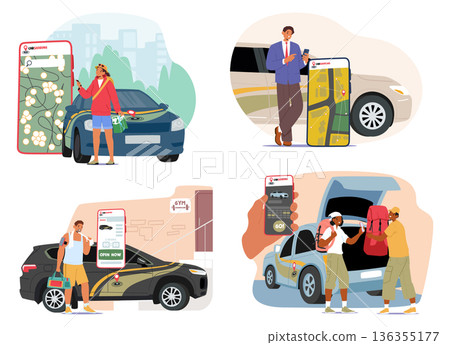 Diverse man and woman using mobile apps to book taxi, use carsharing and rent cars cartoon scene Diverse man and woman using mobile apps to book taxi, use carsharing and rent cars cartoon scene 136355177
