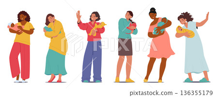 Set of diverse mothers holding babies making protective waving gestures from outside interference 136355179