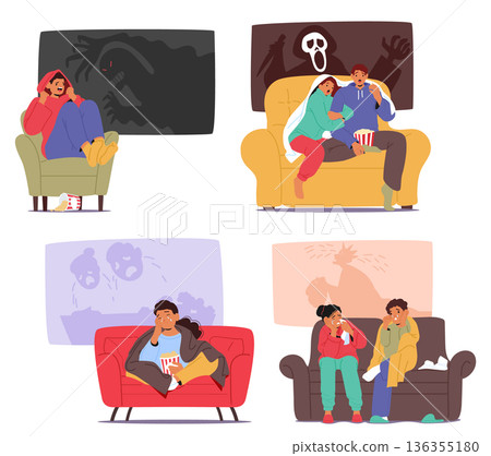 Set of cartoon scenes with diverse people and couples watching horror film or drama movie at home 136355180