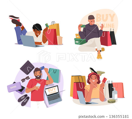 Diverse young men and women cartoon characters doing shopping online with laptops and smartphones Diverse young men and women cartoon characters doing shopping online with laptops and smartphones 136355181