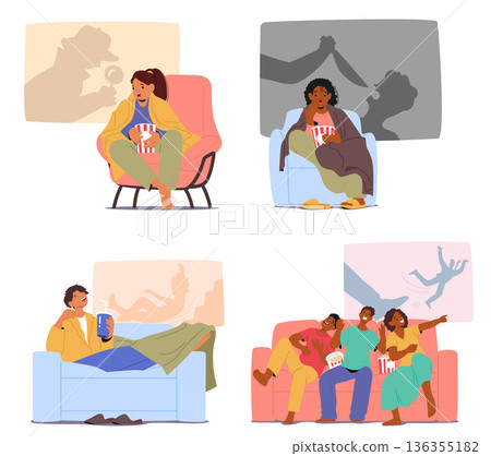 Cartoon set of young people and family couples characters spending time at home watching movies Cartoon set of young people and family couples characters spending time at home watching movies 136355182