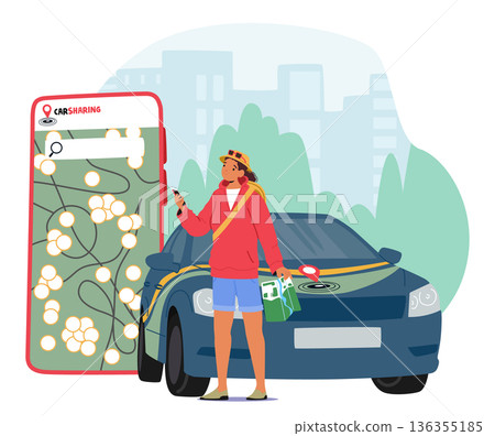 Young woman tourist using smartphone app to book carsharing service for trip vector illustration 136355185