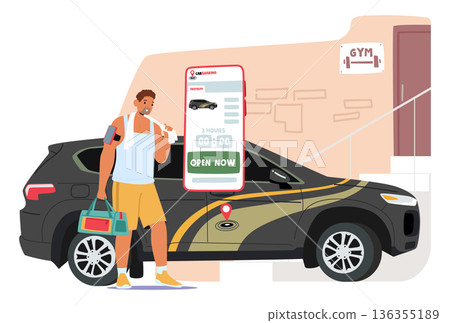 Male athlete using carsharing app on smartphone after gym workout for commute home cartoon scene Male athlete using carsharing app on smartphone after gym workout for commute home cartoon scene 136355189