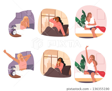 Sleepy yawning and energized smiling women waking up in morning sitting in bed isolated set 136355190