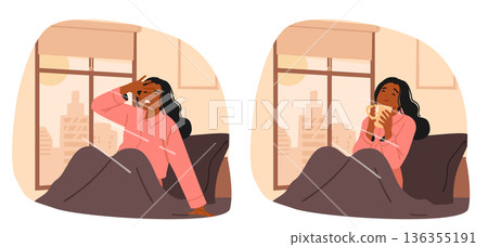 Vector illustration cartoon set featuring same female character with contrasting morning attitudes Vector illustration cartoon set featuring same female character with contrasting morning attitudes 136355191