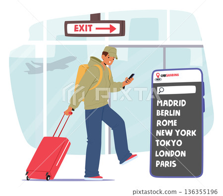 Young man with luggage at airport terminal using smartphone app to book a taxi or rideshare Young man with luggage at airport terminal using smartphone app to book a taxi or rideshare 136355196