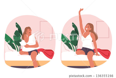 Young woman awakening in bed with different mood and contrasting emotions vector illustration Young woman awakening in bed with different mood and contrasting emotions vector illustration 136355198