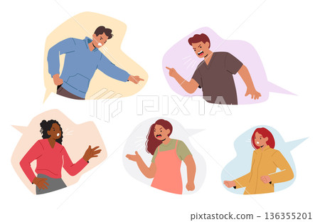 Diverse cartoon citizens shouting, screaming and expressing frustration or protest in speech bubbles Diverse cartoon citizens shouting, screaming and expressing frustration or protest in speech bubbles 136355201