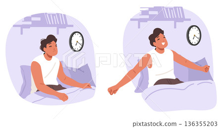 Sleepy tired and refreshed rested states of male character in morning contrasting cartoon scene set Sleepy tired and refreshed rested states of male character in morning contrasting cartoon scene set 136355203