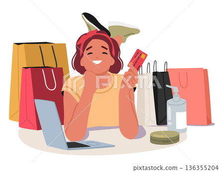 Teenage girl cartoon character using credit card to pay for goods during online shopping scene 136355204