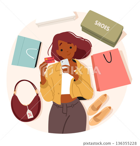 Young woman cartoon character using smartphone app and credit card for online shopping scene Young woman cartoon character using smartphone app and credit card for online shopping scene 136355228