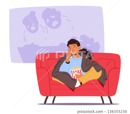 Young woman sitting on sofa feeling emotional crying while watching sad drama movie cartoon scene 136355230