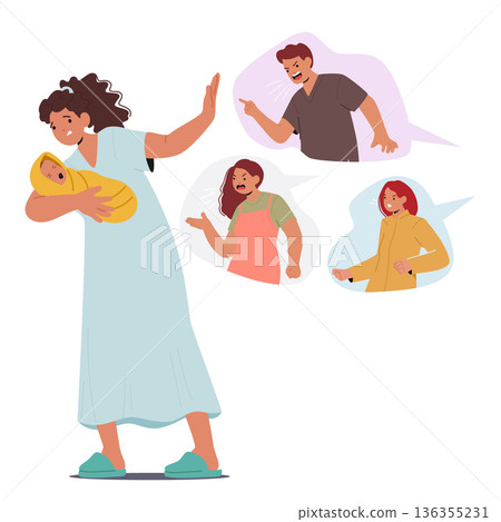 Young lonely mother protecting baby from furious citizens and social aggression cartoon scene 136355231