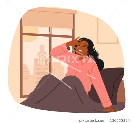 Irritated annoyed woman cartoon character waking up to bright sunshine vector illustration Irritated annoyed woman cartoon character waking up to bright sunshine vector illustration 136355234