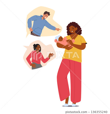 Young woman looking stressed and sad, suffering from bullying and high social pressure cartoon scene 136355240