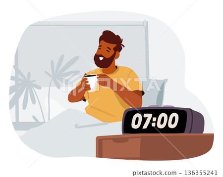 Happy rested bearded man cartoon character waking up enjoying morning coffee sitting in bed Happy rested bearded man cartoon character waking up enjoying morning coffee sitting in bed 136355241