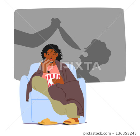 Frightened woman sitting on armchair, eating popcorn while watching scary thriller movie scene Frightened woman sitting on armchair, eating popcorn while watching scary thriller movie scene 136355243