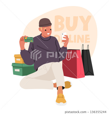 Happy man cartoon character using smartphone and credit card to buy new garment online scene 136355244