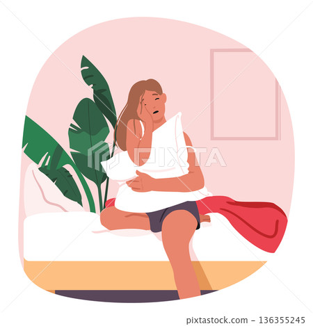 Sleepy young woman cartoon character waking up sitting in bed, yawning and hugging pillow scene 136355245
