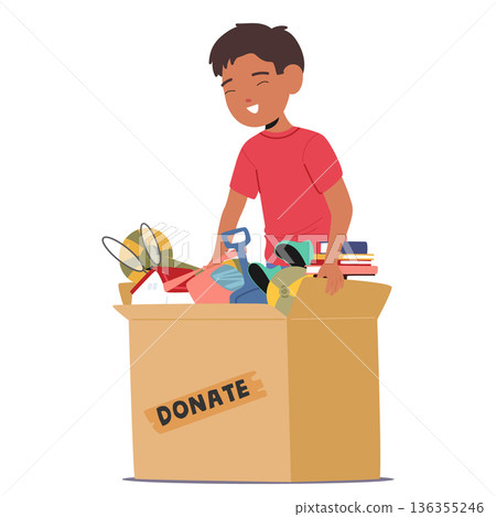 Happy boy child cartoon character preparing cardboard donate box with toys and stuffs for charity Happy boy child cartoon character preparing cardboard donate box with toys and stuffs for charity 136355246