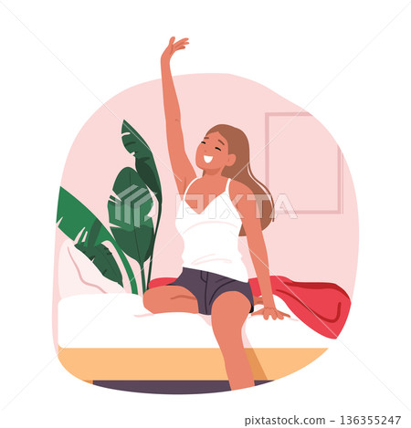 Happy fresh young woman waking up in bed greeting early morning with good positive mood scene Happy fresh young woman waking up in bed greeting early morning with good positive mood scene 136355247