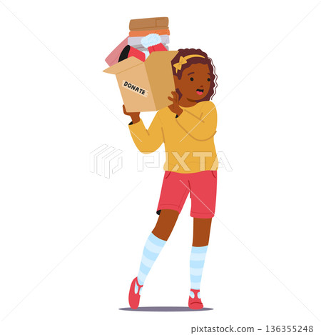 Little happy girl child cartoon character carrying cardboard donate box isolated on white background 136355248